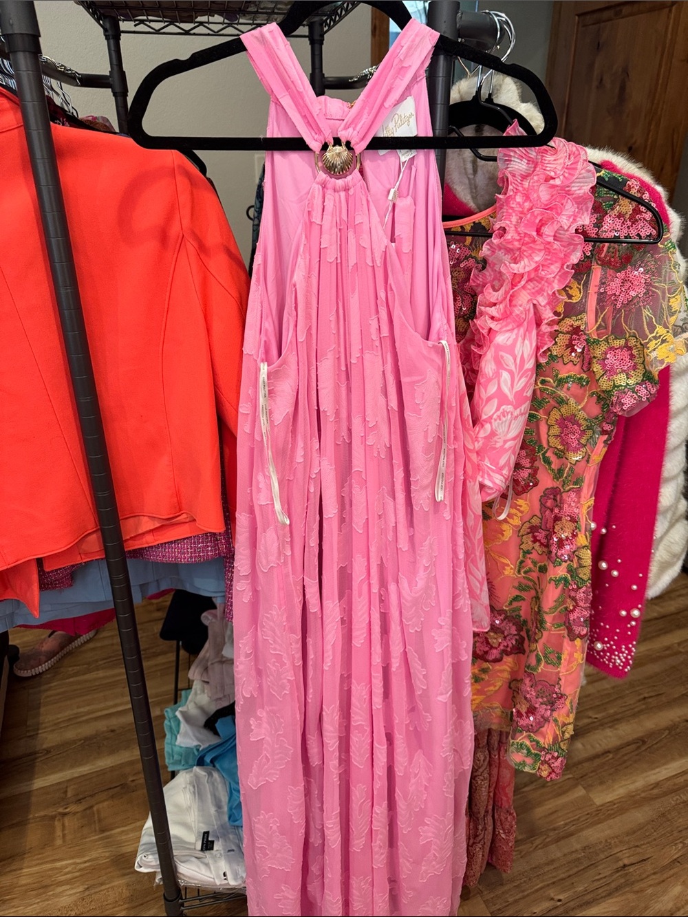 Lilly Pulitzer Bright Pink Halter Maxi Dress with Ring Detail